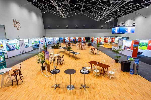 Exhibition stall with display counters and product showcases